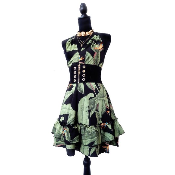 Dark Tropical Print Bird of Paradise Dress Size S Small - Picture 1 of 7